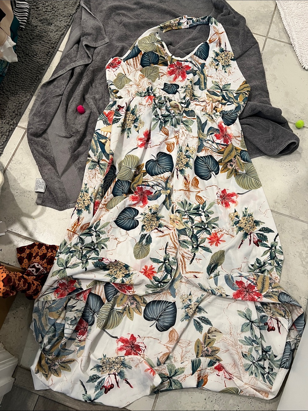 Beginning Boutique White Maxi Dress with Green and Red Tropical Print